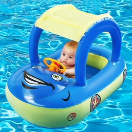 ABC sunshade car boat sunscreen seat ring baby swimming ring with sunshade car quite belt direction horn yacht dark blue+green