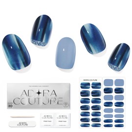 Adora Couture Semi Cured Gel Nail Strips Blue | 30pcs Blue Glossy with Glitter & Reverse French Reserve Gel Nail Sticker Nail Wraps for Women| Gel Stickers for Nails UV Light Required (England Royal)