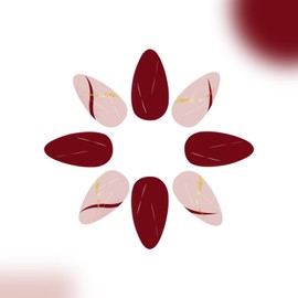 French Tip Press on Nails Short Almond Fake Nails Nude Red False Nails with Gold Red Swirl Designs Glossy Full Cover Glue on Nails Stick on Nails Acrylic Nails for Women Girls 24 Pcs