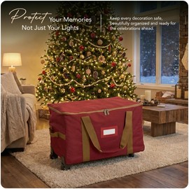 Covermates Keepsakes Rolling Christmas Light Storage Bag – Heavy-Duty 600D Polyester with Reels, Wheels, Carry Handles & ID Window – Holiday Light Organizer, Red