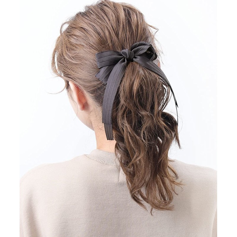 VINGTAINE H7468-BK- Striped Pattern, Long Ribbon, Pony Hook, Hair Cuff,
