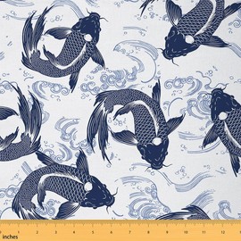 Feelyou Tela de tapicería japonesa Koi por The Yard, tela de tapicería Hokusai de olas oceánicas para sillas, peces exóticos de carpa, marina, decorativa, impermeable, para exteriores, 1 yarda, color blanco y azul