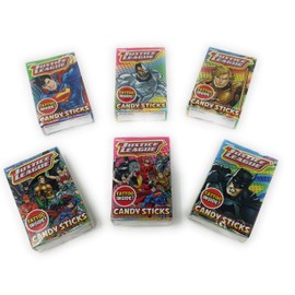 Justice League Superhero Candy Sticks With Tattoo | Great For Kids Party Favors and Goodie Bags | 30 Packs Per Box | Includes 5 Superhero Stickers | By Amazing Snack Packs