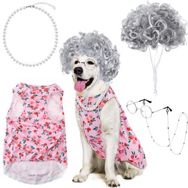 Jamntower 4 Piezas Disfraces de Anciana para Perro de Halloween Incluye Vestido Floral Rosa Vestido de Abuelita Gafas de Sol Retro Peluca y Collar de Anciana para Abuela Fiesta Cosplay(3 XL)