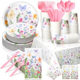Havawish 402 Pcs Spring Wildflower Plates and Napkins Floral Tea Party Supplies Spring Disposable Dinnerware Set for 50 Guests Wildflower Baby Shower Birthday Supplies