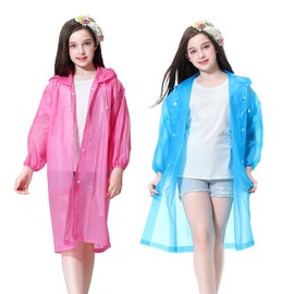 YDYJKI Kids Rain Poncho 2Pcs Reusable Raincoat for Children Boys and Girls (Blue + Pink)