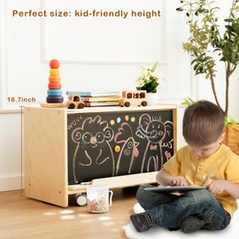 kidi house 2-in-1 Movable Toddler Easel with Storage Wooden Kids Art Easel Magnetic Chalkboard with Storage Birch Painting Easel for Kids Blackboard with Wheels Montessori Furniture for Nursery School