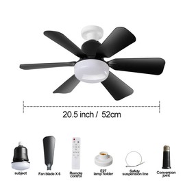 E27 socket ceiling fan light with Safety rope, energy-saving ceiling fan with LED light bulb, strong wind, silent belt memory function, 30W three-speed speed belt remote control, household bedroom kitchen garage dimmable fan light:_Black 1PCS