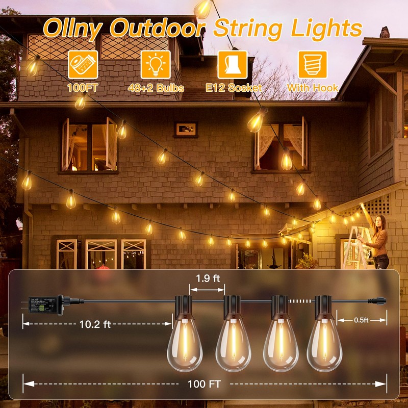 Ollny S11 100FT Outdoor String Lights with Remote, Plug in