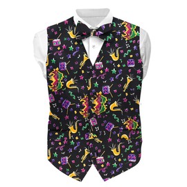 Vittorio Farina Premium Mardi Gras Suit Vest Set for Men - Vest & Bow Tie 2PC Set (Mardi #8, L)