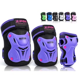 2PM SPORTS Knee Pads for Kids, Wrist Guards Knee and Elbow Pads Set with Drawstring Bag, Protective Gear Set for Girls Boys Roller Skating Cycling Skateboard - Purple Small