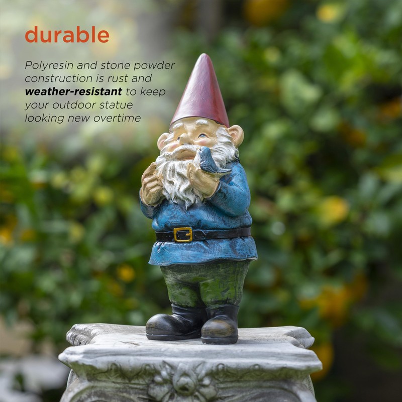 Alpine Corporation 12" Tall Outdoor Garden Gnome with Bird Yard
