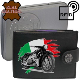 Biker Classic Vintage Motorbike Motorcycle Italy Flag Mens Wallet Gift Box KLASSEK Brand Real Black Leather RFID Blocking with Coin Pocket
