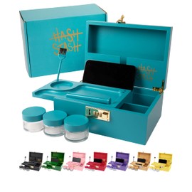 The OG Stash Storage Box - Large Bamboo Box with Combination Lock, Magnetic Lid, Organizer Tray, 3 Jars, Brush and Tube - Decorative Wooden Locked Storage Box with Accessories (Teal/Gold)