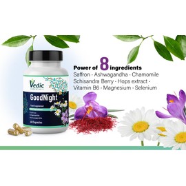 Vedic Saffron + Chamomile + Ashwagandha. Melatonin Alternative Natural Sleep Aid | Quick, Good Night Sleep | Vedic, Vegan, Halal, Gluten-Free Sleep Supplement | Stress & Anxiety Relief | 60 Nights