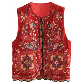 Siyova Women Vest Sleeveless Vintage Cardigan Floral Embroidered Open Front Crop Top Summer Boho Retro Waistcoat Women Gilet Casual Street (Red, L)