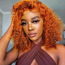 12 Inch Orange Ginger Curly Bob Wig 13x4 HD Lace Front Wigs Human Hair For Women Pre Plucked Wet and Wavy Short Bob Wigs 200% Density Deep Curly Human Hair Wig 350#