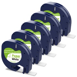 PROFICETIK Label Tape Replacement for Dymo Letratag Paper White Labels Tape 91200 S0721510 Work for Dymo Letratag LT-100H LT-100T QX50 XR XM 2000 Plus, Black on White, 12mm x 4m, 5-Pack