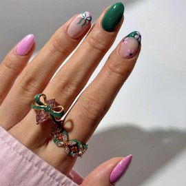 24 Pcs Green Press on Nails Short Almond,YIHONGYAN Cute Bow Flowers Design Fake Nails Press ons Pink French Nails Tip Acrylic Kit Glue on Nails Full Cover False Nails Glossy Stick on Nails for Women