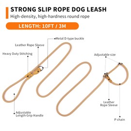 Wolfone Slip Lead Dog Leash - Heavy Duty Rope Leash with Adjustable Loop and Hands-Free Handle for Training, Walking Active Dogs Sand 3m*Ø12mm