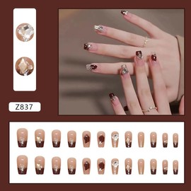 24 Pcs Medium Ballet Press on Nails Glue Glitter French Full Cover with Rhinestone Fake Nails Stick on Nails Acrylic Nails Reusable Press Nails with Glue for Women Girl(Z837)