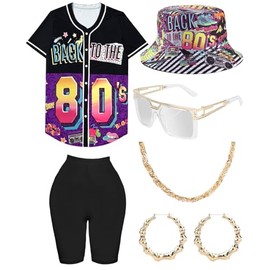 80s 90s Outfit for Women, Unisex Hip Hop Costume Baseball Jersey Shirt Yoga Pants Bucket Hat Gold Chain Rapper Accessories