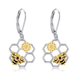 ONEFINITY Bee Earrings 925 Sterling Silver Bee Earrings Honeycomb Earrings Bee Jewellery Gifts for Women, Sterling Silver