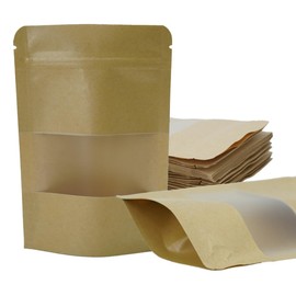 4CP 100 Pcs Kraft Resealable bags, Zipper Sealable Food Storage Bags for Packaging Products, Reusable Stand Up Kraft Paper Bags with Matte Window (Kraft, 4.7x7.8 inch)