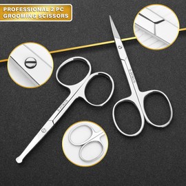 Premium Facial Hair Scissors Set – Stainless Steel Small Scissors Mustache, Nose, Beard, Eyebrow, Eyelashes, and Ear Hair Cutting Scissors with Travel Pouch for Men & Women