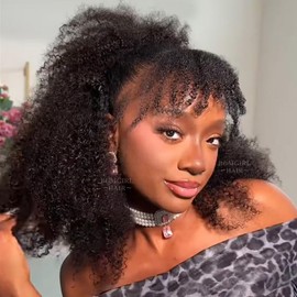 BGM GIRL Half Wig Human Hair Afro Curly 3 in 1 Wigs Beginner Friendly Flip Over Drawstring Glueless Wig Kinky Curly Ready to Go Seamless Clip in Wigs Natural Black Color 16 Inch