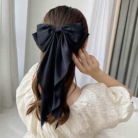 ZHOUMEIWENSP 2Pcs Large Bow Hair Barrettes Clips Black Burgundy Satin Layered Bow Big Hair Clip Long Ribbon French Style Hair Accessories for Women Girls (Black and White)