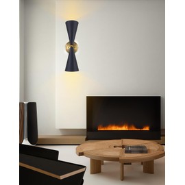 HEQIQEH Vintage Battery Operated Wall Sconce, Indoor Up and Down 2-Head Wall Light Fixture with Remote Control, Black and Gold Dimmable Cordless Wall Lamp for Bedroom, Living Room, Stairs