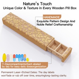 Wooden Pill Organizer, 7 Day Pill Box, Travel Pill Box, Wooden Pill Case Privacy Protection Perfect for Medication, Vitamins, Fish Oils, Supplements (Beech)