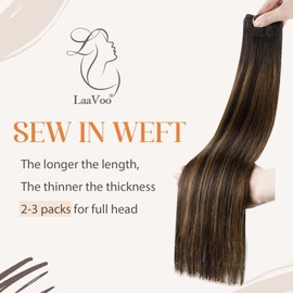 LaaVoo Real Hair Extensions Sew in Human Hair Extensions Dark Brown Balayage Brown Hair Extensions Weft Hand Tied Real Human Hair Extensions Sew in Black Girl 16 Inch 100G