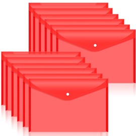 12pcs Plastic Filing Envelopes with Snap Button Closure ，Clear Document Folders for Letter A4 Size Files ，Poly Folders，for School and Office Supplies（Red）