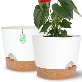 SE SUN-E 12+12Inch 2Pack Large Flower Pots for Indoor/Outdoor Plants,Self Watering Planters with Reservoir and Drainage Hole White Plastic Planting Pots Modern Home Decor Gift Idea