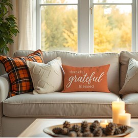 PANDICORN Decorative Throw Pillow Covers 12x20 Grateful Thankful Blessed Orange Outdoor Fall Thanksgiving Decorations Lumbar Cushion Case Home Decor for Living Room Bedroom Sofa Couch Porch