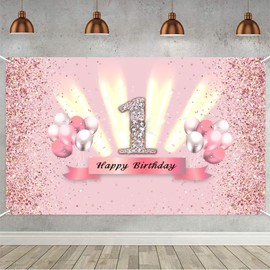 1st Birthday Banner 1st Birthday Decoration Rose Gold Party Decoration Girl, Fabric Sign Poster 1st Anniversary Party Birthday Banner Table Decoration Poster, Glitter Pink