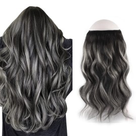 Sassina Invisible Wire Hair Extensions Real Human Hair with Transparent Wire Adjustable Size Secure Clips Natural Straight Secret Miracle Hairpiece, #1B/Silver 16 Inch 100 Gram