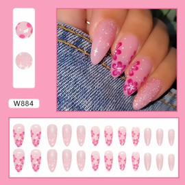 OHWODA Pink Floral Press on Nails, Almond Shape Fake Nails, Glitter and Flower Design Glue on Nails, Long Length Pink Cherry Blossom Stick on Nails for Women, 24 Pieces