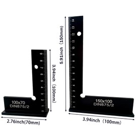 2 Piece Engineer's Square Set, 90° Try Square Carpenter's Square with Measuring Scale (cm) with Pencil, Angle Ruler Set for Precise Work in Metal Construction and Workshop, Size 100 x 70 mm and 150 x