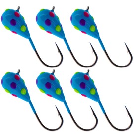 Reaction Tackle Tungsten Ice Jig 6mm - Wonder Blue Glow Dots, 6 Pack with Long Shaft Hook