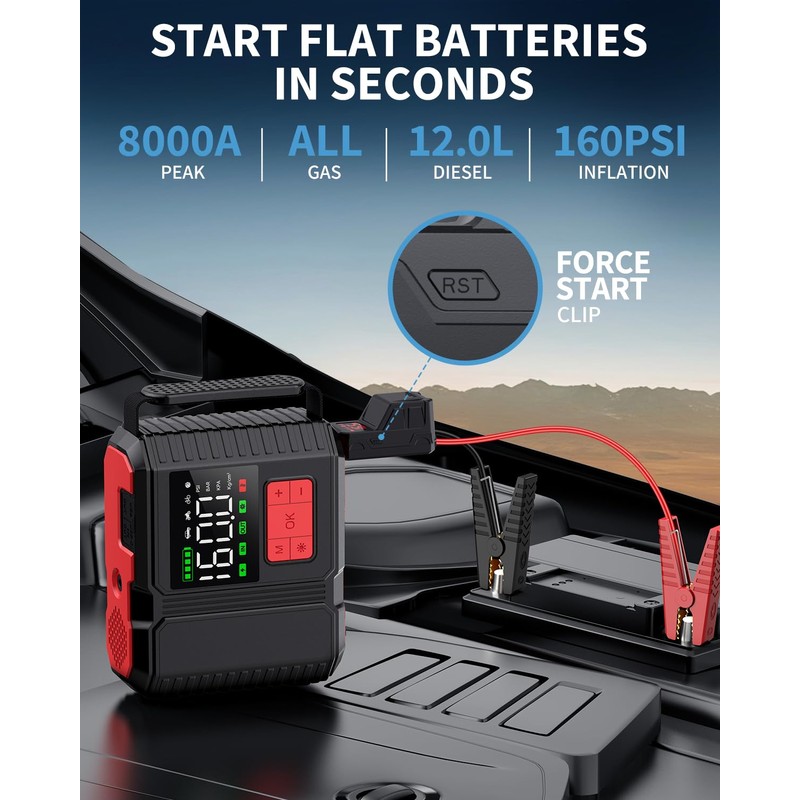 Car Jump Starter with Air Compressor, 160PSI 8000A Peak 26800mah