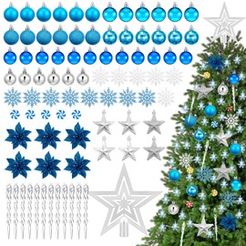 Blulu 103 Pcs Christmas Tree Silver Blue Ornaments Set with LED Decorative Light Christmas Tree Decoration Set Glitter Christmas Baubles Hanging Tree Topper Ornament Assortment for Xmas Holiday Party