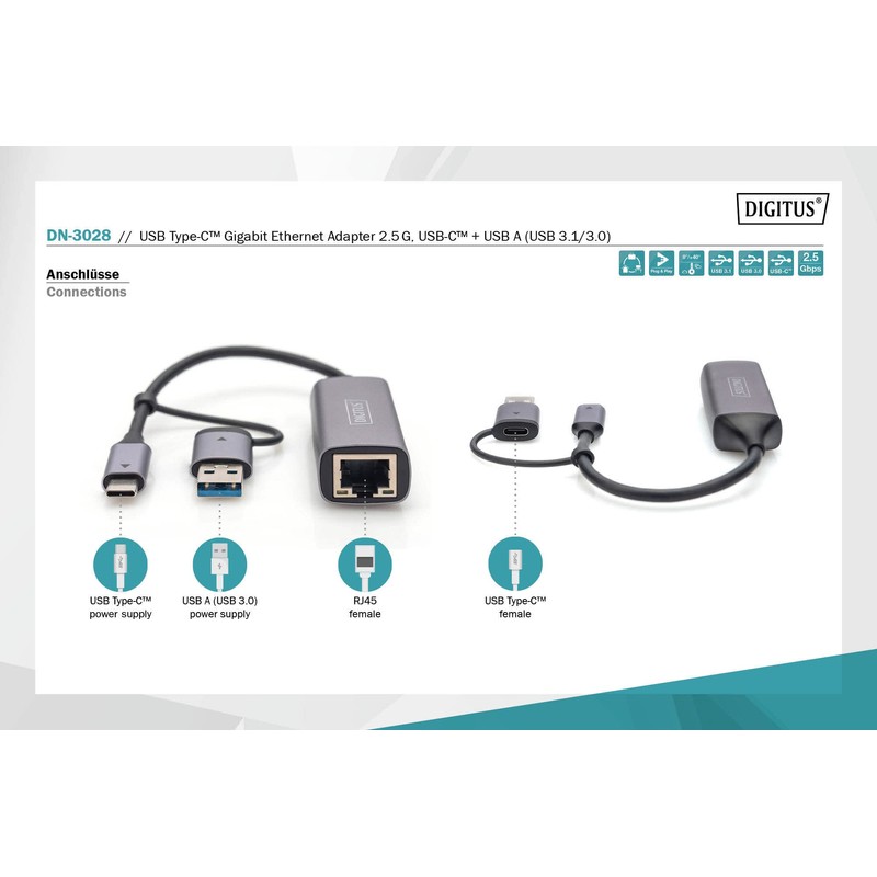 DIGITUS DN-3028 USB Type-C™ Gigabit Ethernet Adapter 2.5G, USB-C™ +