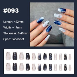 【NEW ARRIVALS!】 Press on Nails French Tip Bling Coffin Short Almond Fake Nails with Designs Glue on Nails Long Glossy Gradient Medium False Nails Reusable Full Cover Thick Nail Acrylic Stick on Nails for Women Girls 24 Pcs:_093