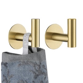 JQK Self Adhesive Towel Hook Gold, No Drill Stick on Coat Robe Clothes Wall Hook for Bathroom Kitchen Garage 2 Pack, 304 Stainless Steel Brushed Gold, ATH110-BG-P2