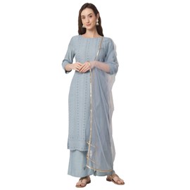 Shopping Queen Chikankari Kurta Palazzo Dupatta - Juego de seda viscosa para mujer, Azul-cielo, M