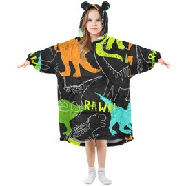 Oversized Blanket for Kids, Brown Doodle Dog Paw Background, Warm Fleece Sweatshirt, Plush Wearable for Girls and Boys, Spacious Front Pocket, Cute Ear Cap, cartoon dinosaur