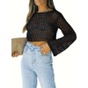 Womens Crochet Crop Top Long Sleeve See Through Hollow Out
